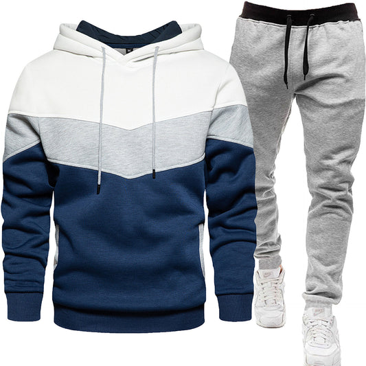 New Men's Three-color Sweat Sports suit Fashion Casual winter Spring and Autumn Stitching Hooded Top Trousers Two-piece Set