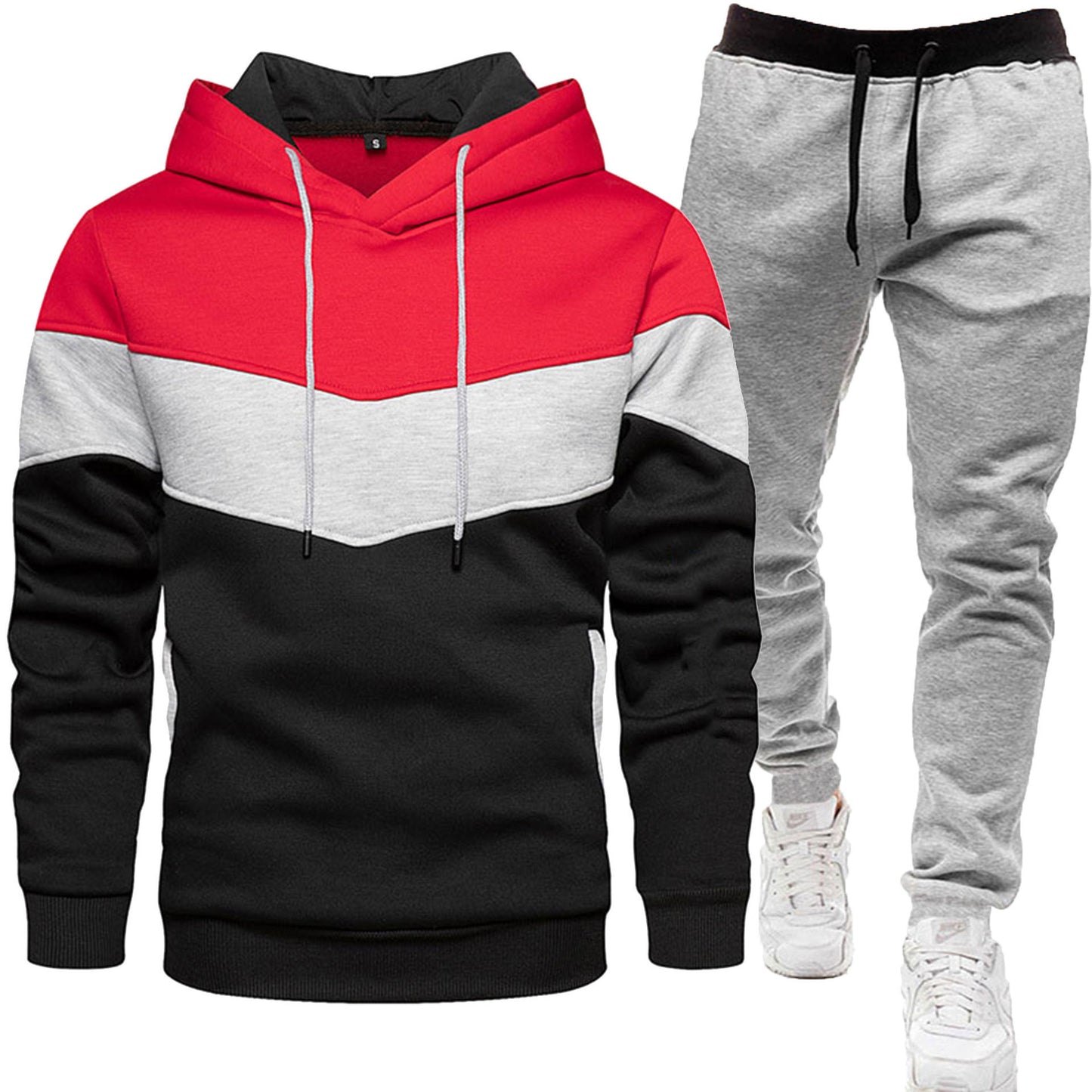 New Men's Three-color Sweat Sports suit Fashion Casual winter Spring and Autumn Stitching Hooded Top Trousers Two-piece Set