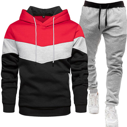 New Men's Three-color Sweat Sports suit Fashion Casual winter Spring and Autumn Stitching Hooded Top Trousers Two-piece Set