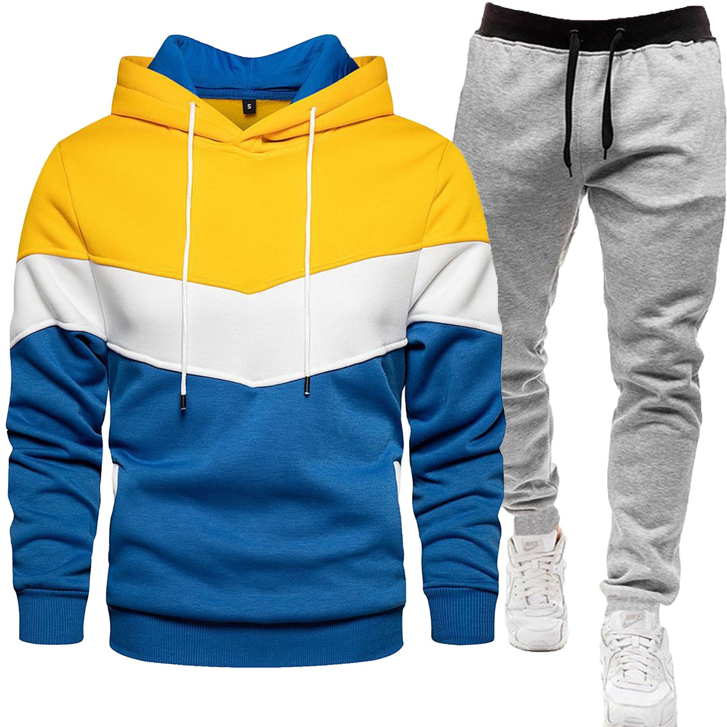 New Men's Three-color Sweat Sports suit Fashion Casual winter Spring and Autumn Stitching Hooded Top Trousers Two-piece Set