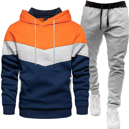 New Men's Three-color Sweat Sports suit Fashion Casual winter Spring and Autumn Stitching Hooded Top Trousers Two-piece Set