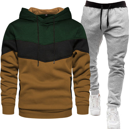 New Men's Three-color Sweat Sports suit Fashion Casual winter Spring and Autumn Stitching Hooded Top Trousers Two-piece Set